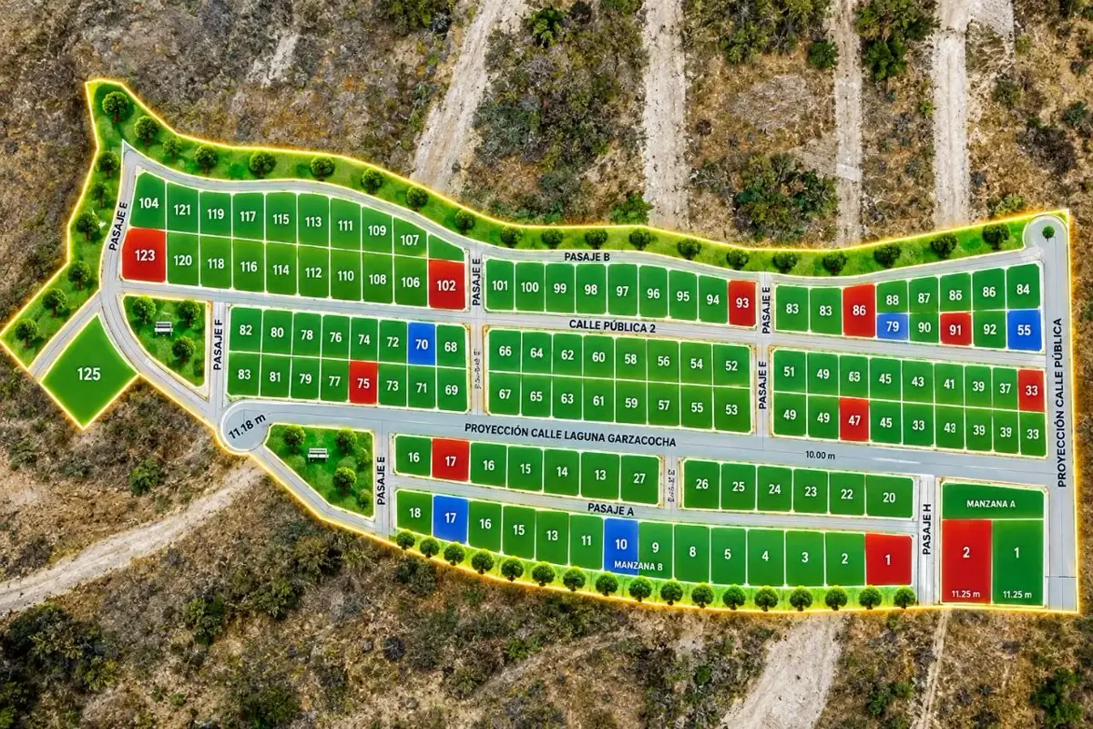 Plano aéreo de distribución de lotes del proyecto con manzanas señalizadas